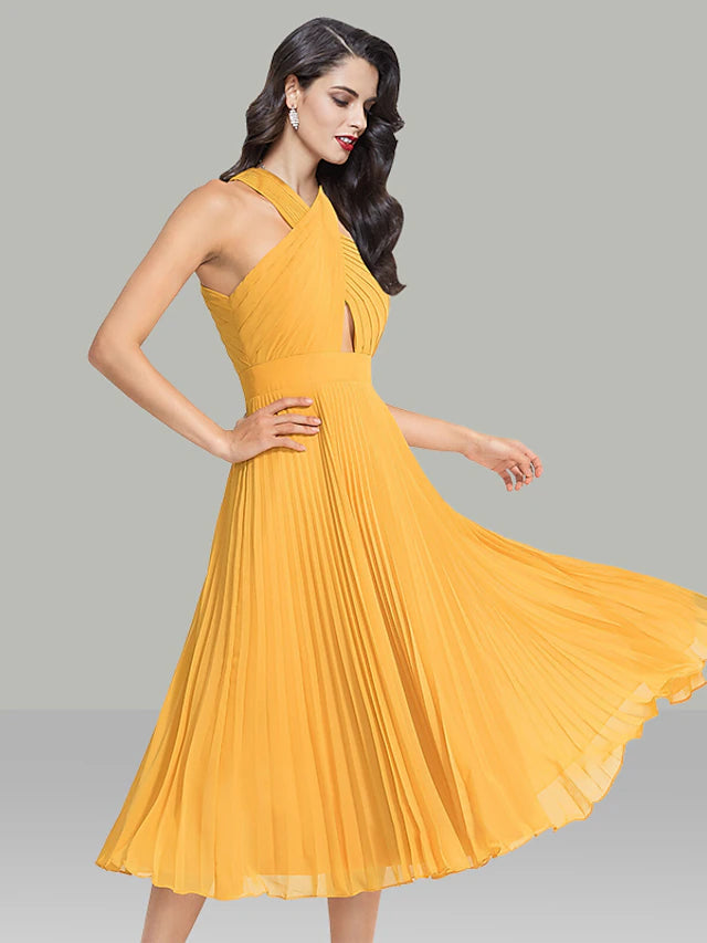 A-Line Wedding Guest Dresses Elegant Dress Cocktail Party Tea Length Sleeveless Halter Chiffon