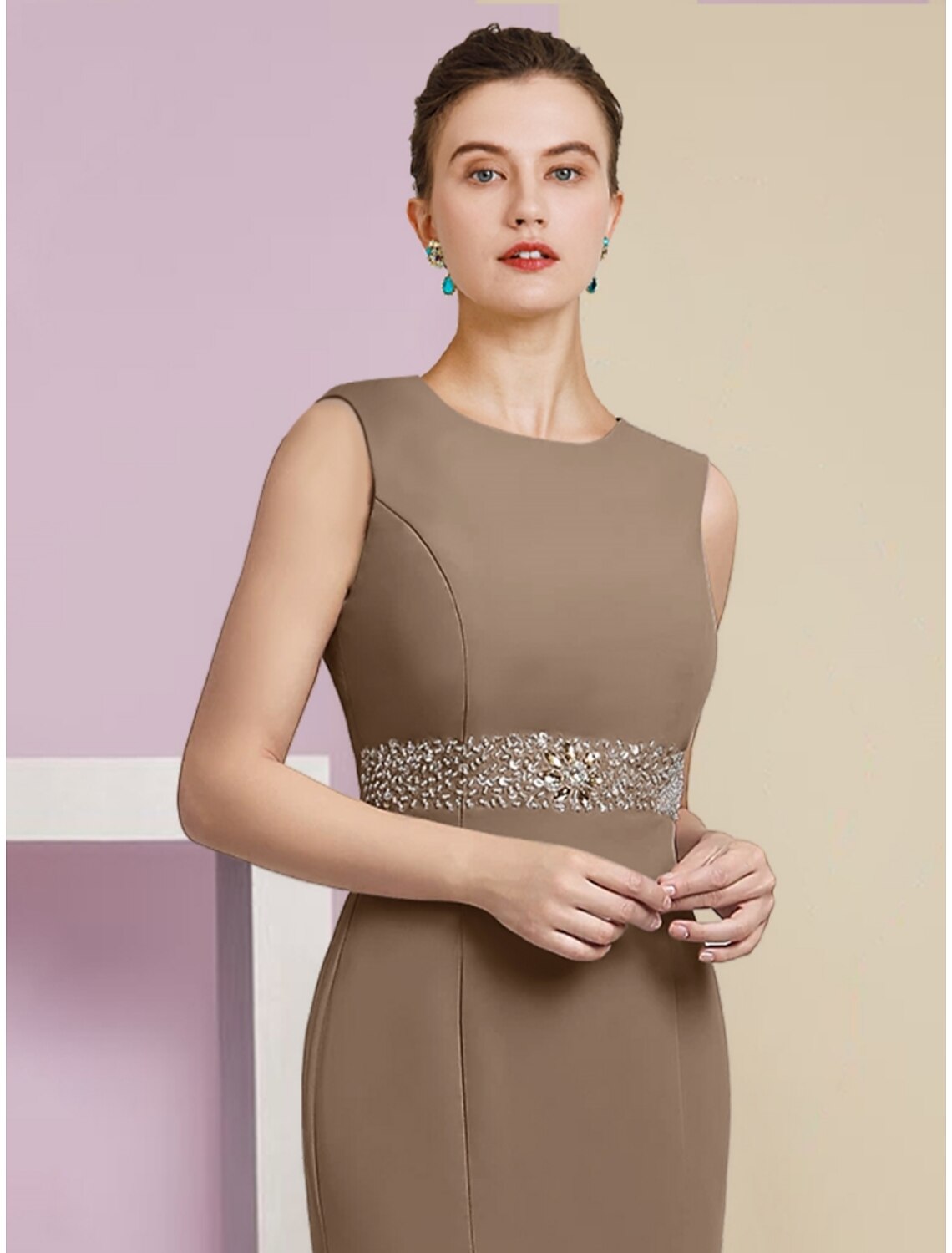 Mermaid / Trumpet Mother of the Bride Dress Wedding Guest Elegant Scoop Neck Tea Length Chiffon Long Sleeve with Crystals