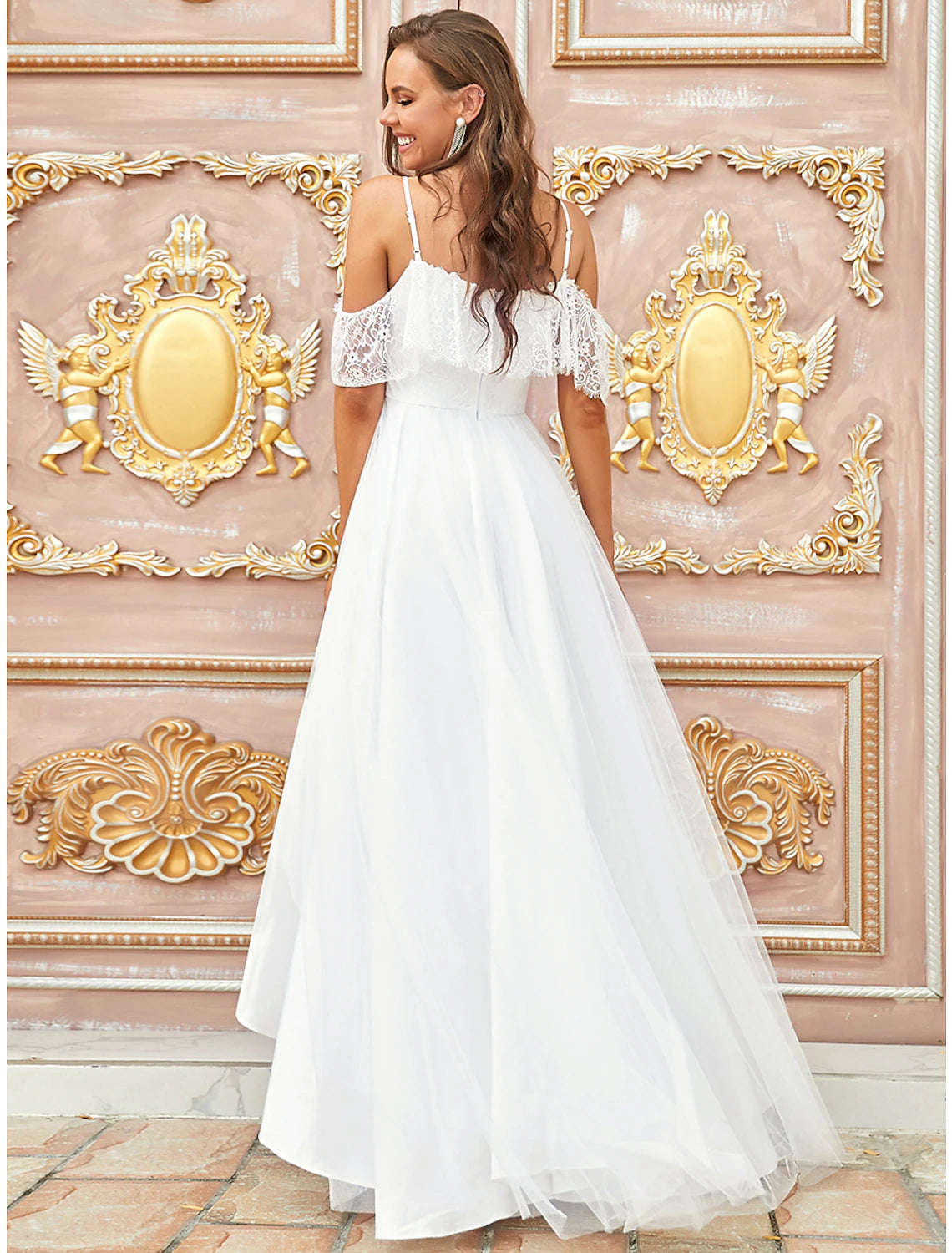 Reception Little White Dresses Boho Wedding Dresses A-Line Off Shoulder Short Sleeve Asymmetrical Lace Bridal Gowns