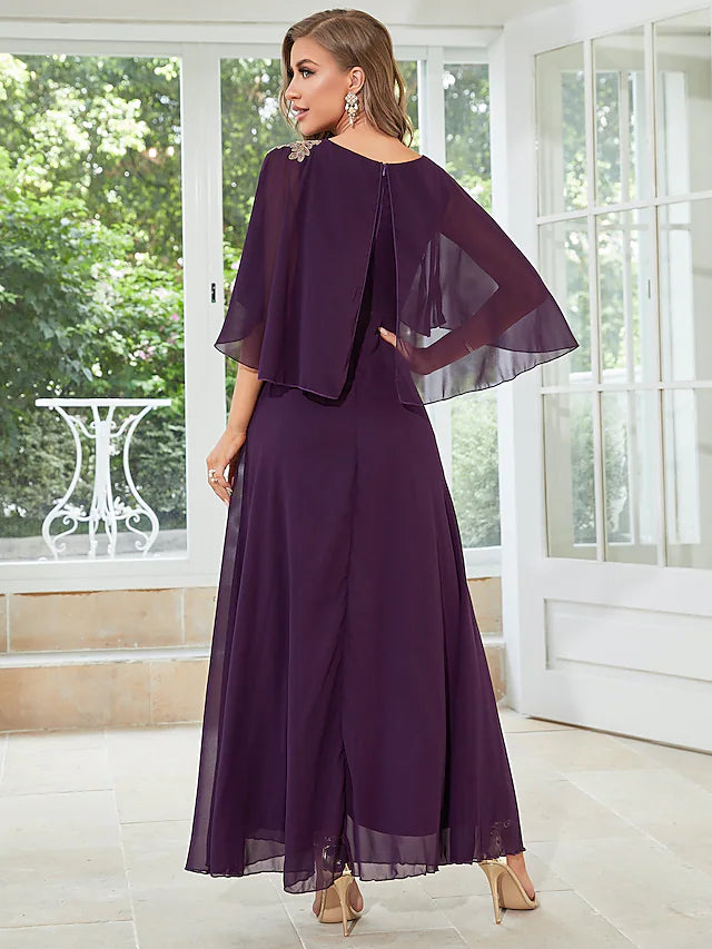 A-Line Wedding Guest Dresses Elegant Dress Party Wear Floor Length Half Sleeve Jewel Neck Chiffon