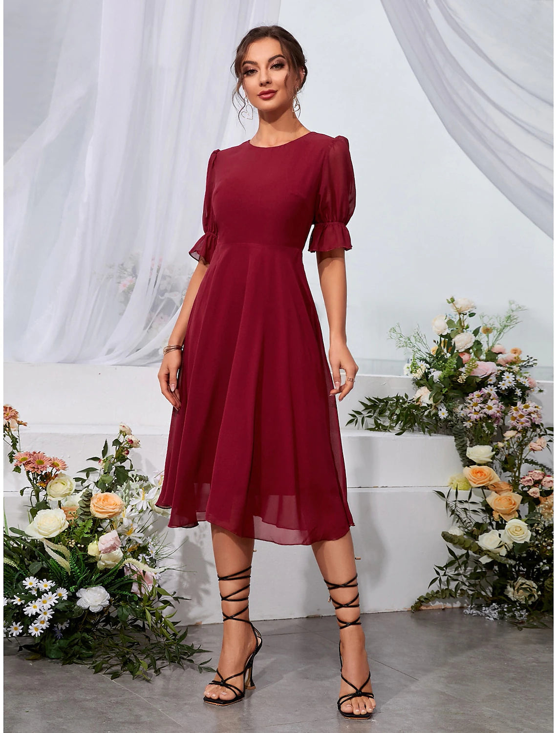 A-Line Wedding Guest Dresses Elegant Dress Holiday Tea Length Half Sleeve Jewel Neck Chiffon