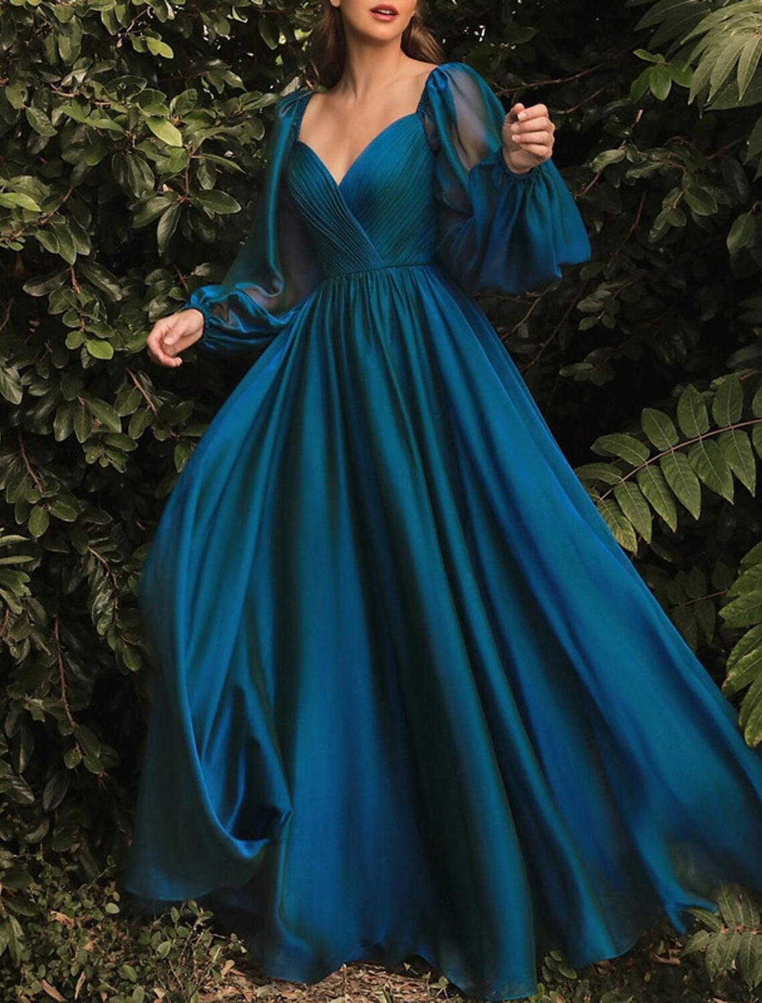 A-Line Evening Gown Open Back Dress Formal Wedding Guest Floor Length Long Sleeve Square Neck Organza with Pleats