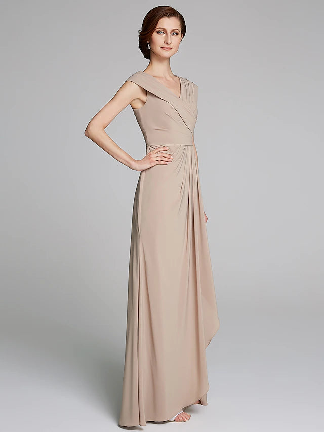 Sheath / Column Mother of the Bride Dress Elegant V Neck Floor Length Jersey Short Sleeve