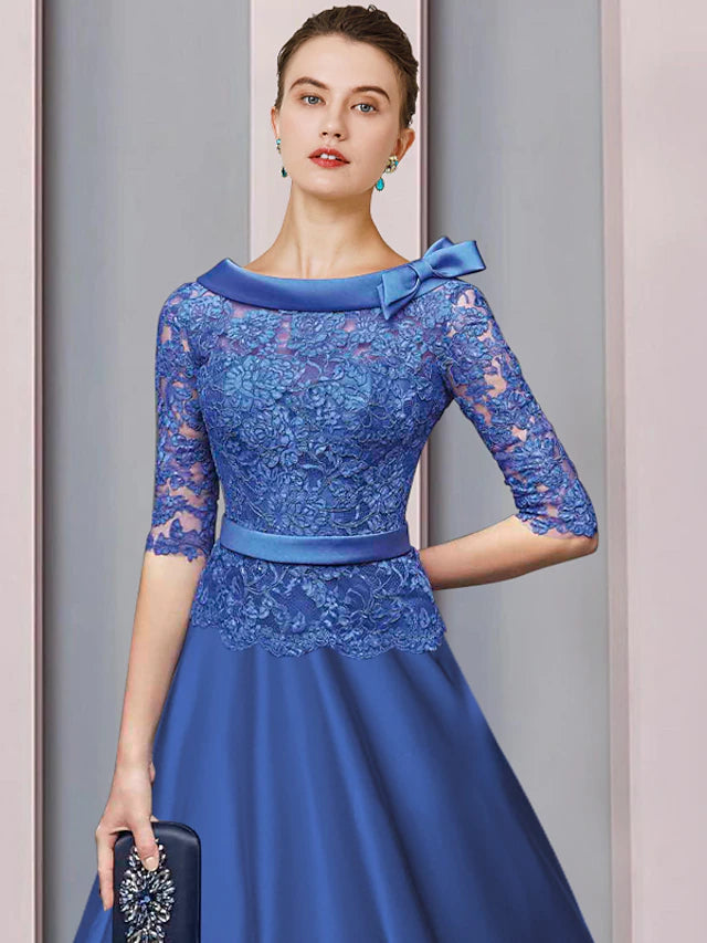 A-Line Mother of the Bride Dress Formal Church Party Elegant Jewel Neck Tea Length Satin Lace Half Sleeve with Sash / Ribbon