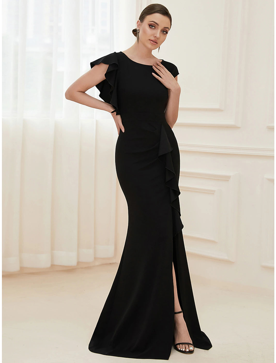 Mermaid / Trumpet Evening Gown Vintage Dress Formal Wedding Guest Floor Length Short Sleeve Jewel Neck Nylon