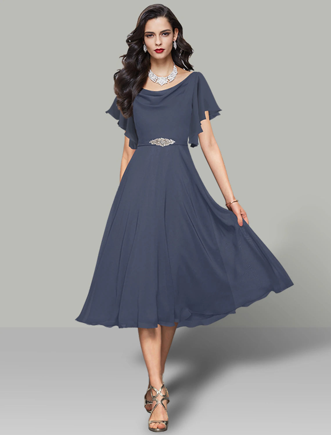 A-Line Wedding Guest Dresses Elegant Dress Cocktail Party Kentucky Derby Tea Length Short Sleeve Cowl Neck Belt / Sash Chiffon