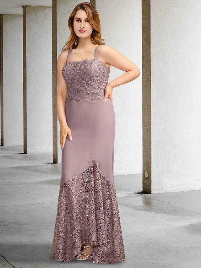 Two Piece A-Line Plus Size Curve Mother of the Bride Dresses Elegant Dress Formal Asymmetrical Sleeveless Square Neck Chiffon with Appliques