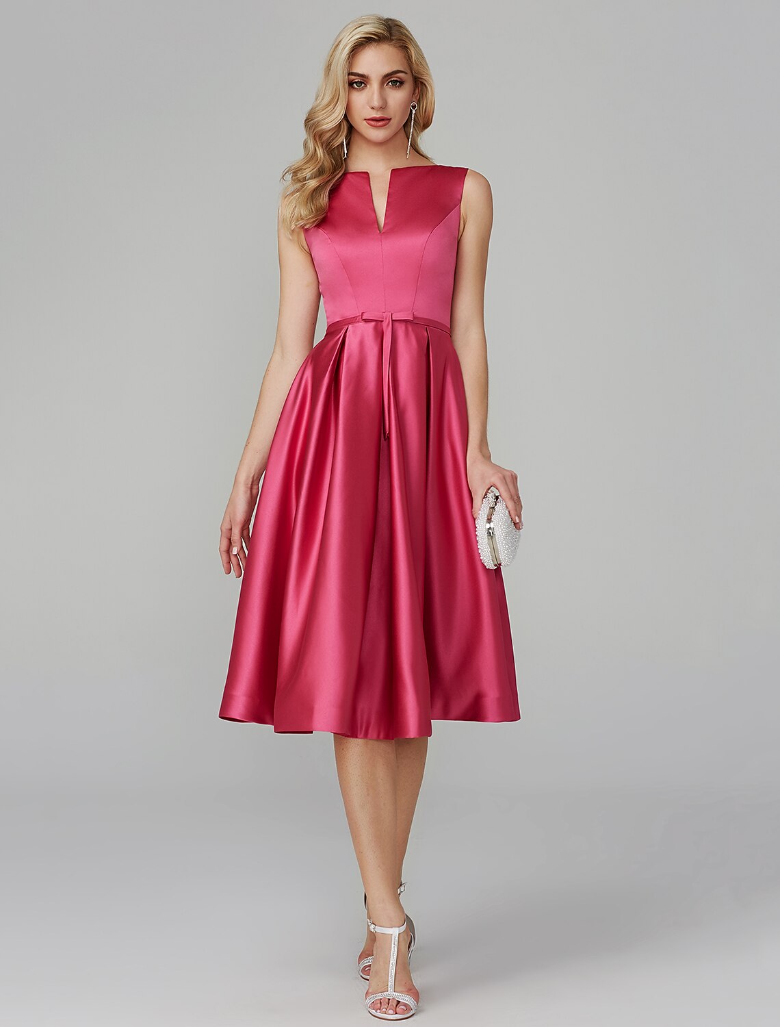 A-Line Party Dress Wedding Guest Knee Length Sleeveless V Wire Barbiecore Satin with Sash
