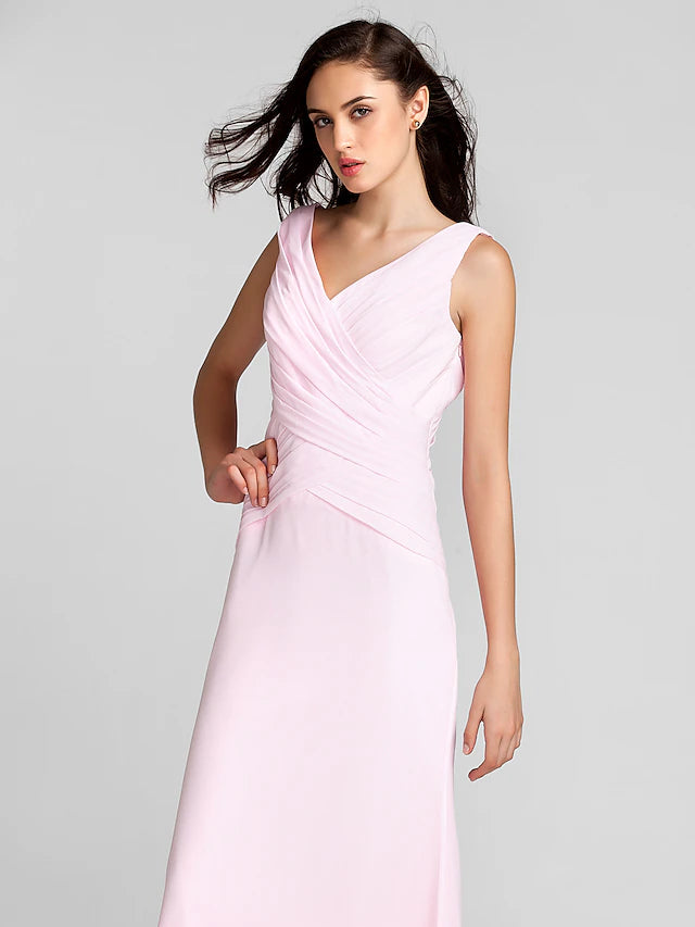 Sheath / Column Bridesmaid Dress V Neck Sleeveless Floor Length Chiffon with Criss Pure Color Pure Color Cross