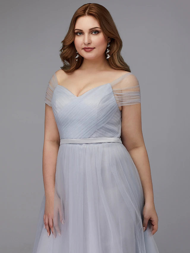 A-Line Elegant Dress Wedding Guest Tea Length Short Sleeve Off Shoulder Tulle with Sash / Ribbon