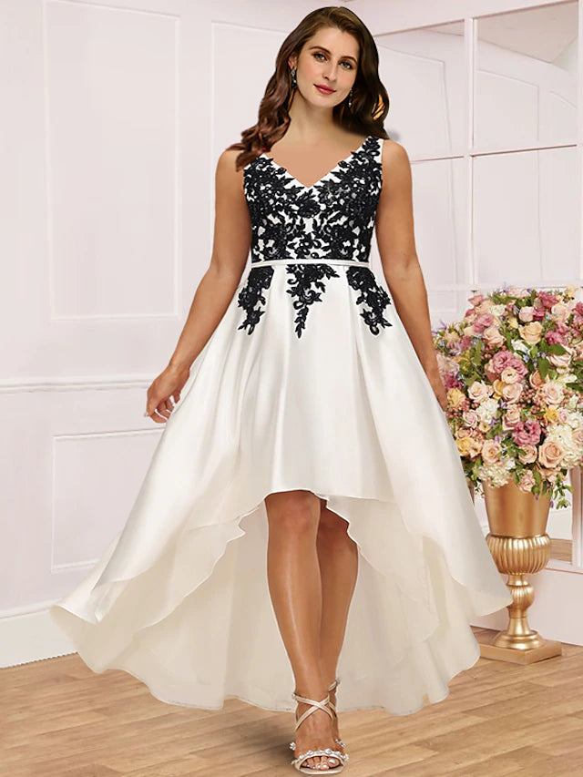 Plus Size Curve Mother of the Bride Dress Wedding Guest Party Elegant V Neck Asymmetrical Satin Lace Sleeveless