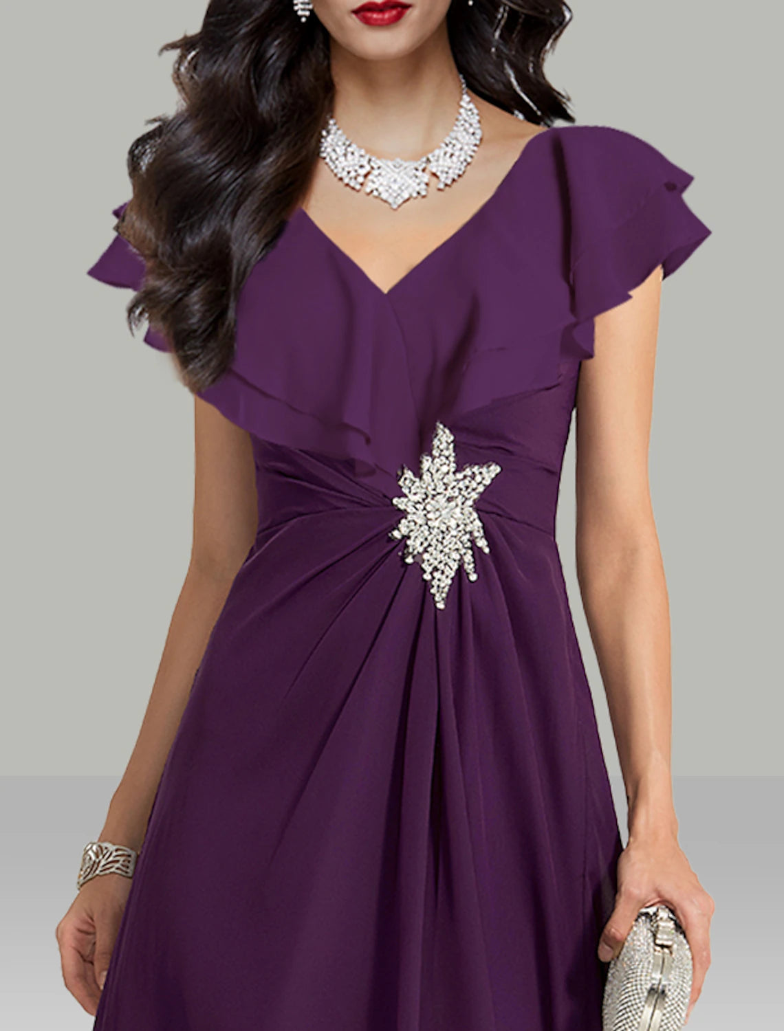 A-Line Wedding Guest Dresses Elegant Dress Cocktail Party Dress Semi Formal Tea Length Short Sleeve V Neck Chiffon