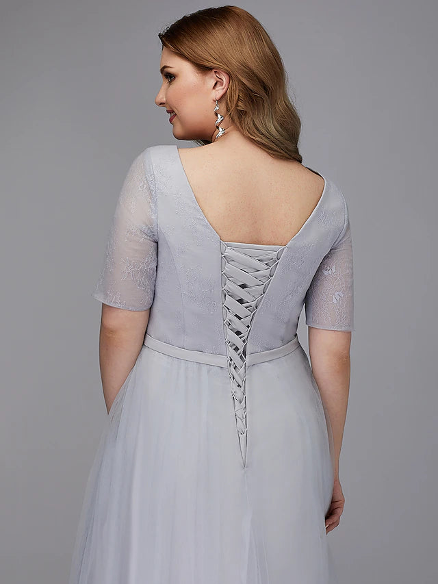 A-Line Elegant Dress Wedding Guest Tea Length Short Sleeve V Neck Lace Lace-up with Sash