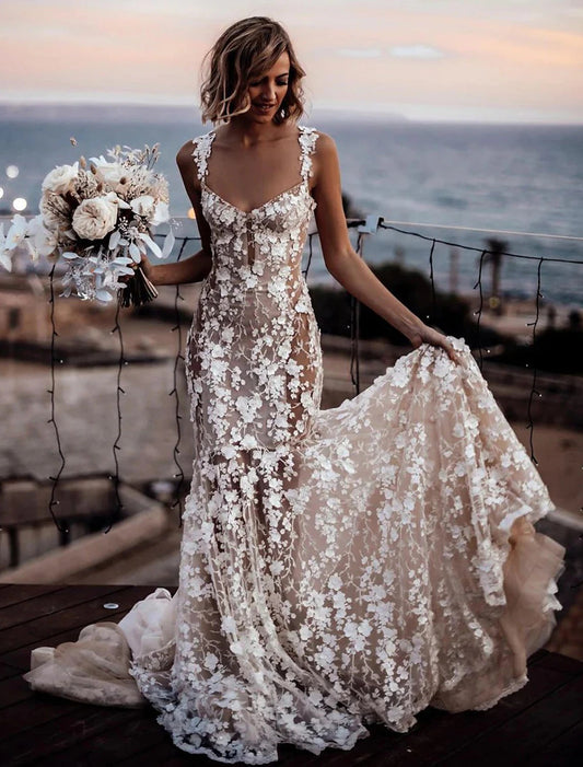 Beach Sexy Boho Wedding Dresses Mermaid Sweetheart Regular Straps Court Train Lace Bridal Gowns With Appliques Summer Fall Wedding Party