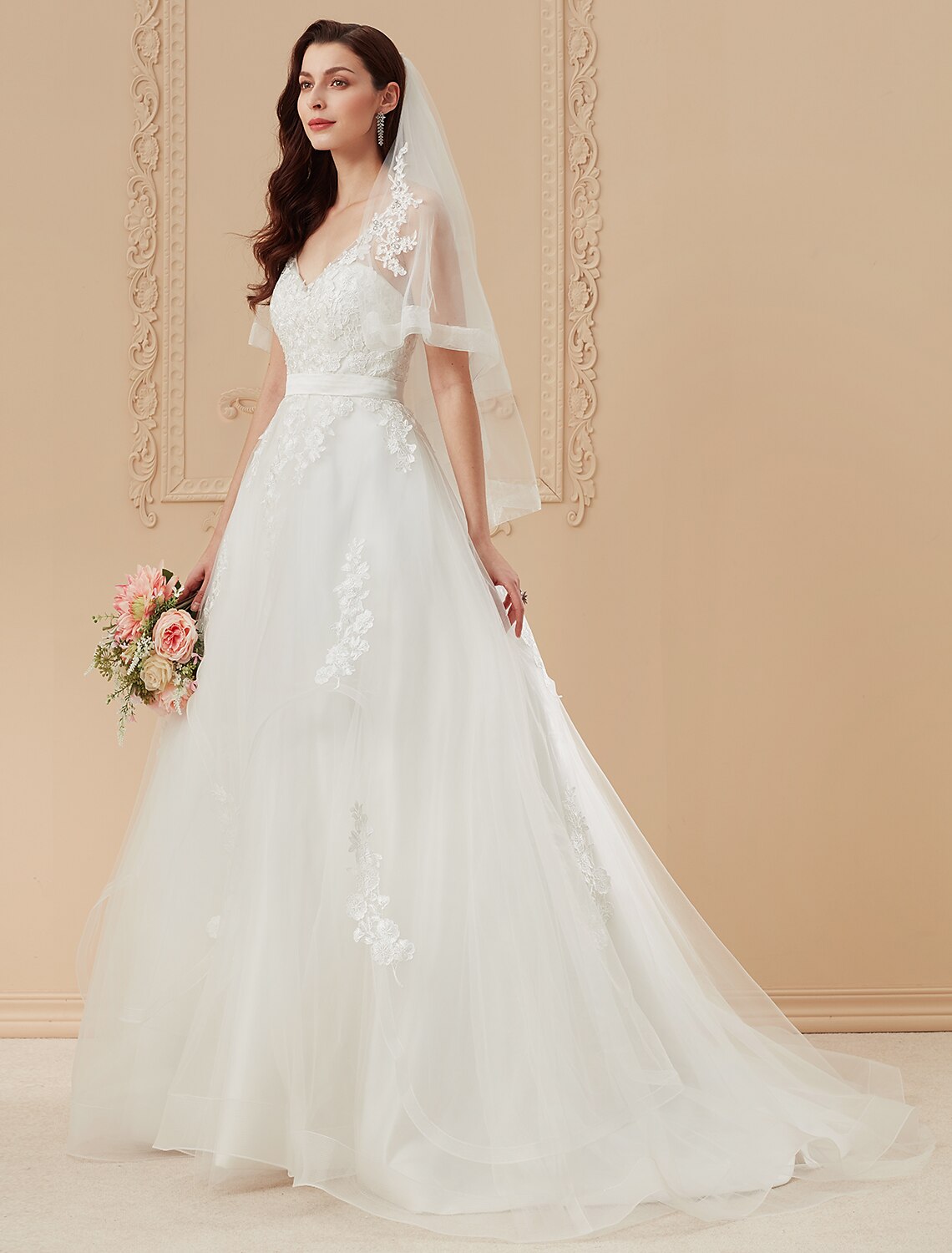 Ball Gown Wedding Dresses V Neck Sweep / Brush Train Satin Tulle Over Lace Spaghetti Strap Romantic Illusion Detail Backless