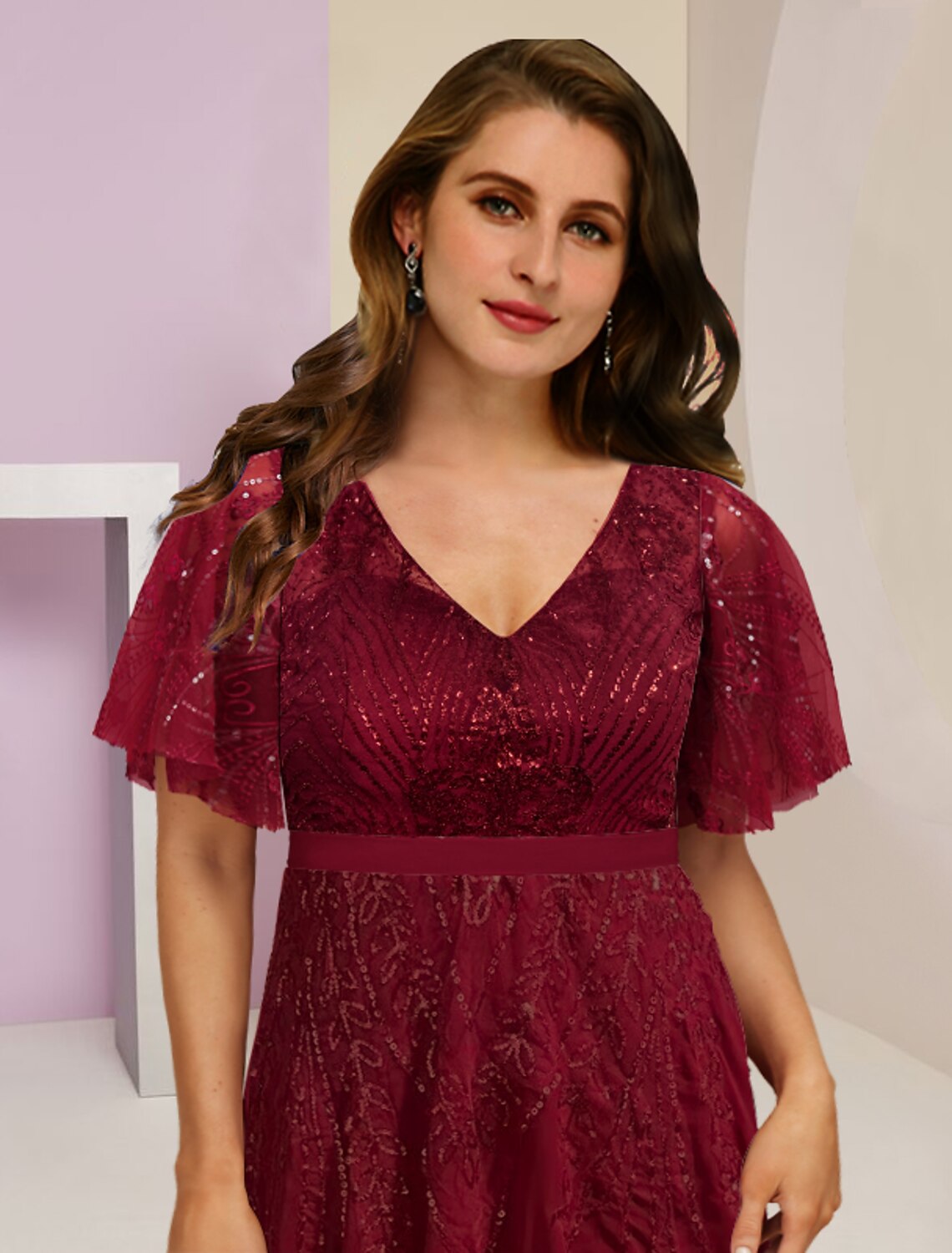 Mother of the Bride Dresses Plus Size Curve Hide Belly Wedding Guest Elegant Sparkle & Shine V Neck Floor Length Chiffon Lace Sequined Short Sleeve with Pleats Split