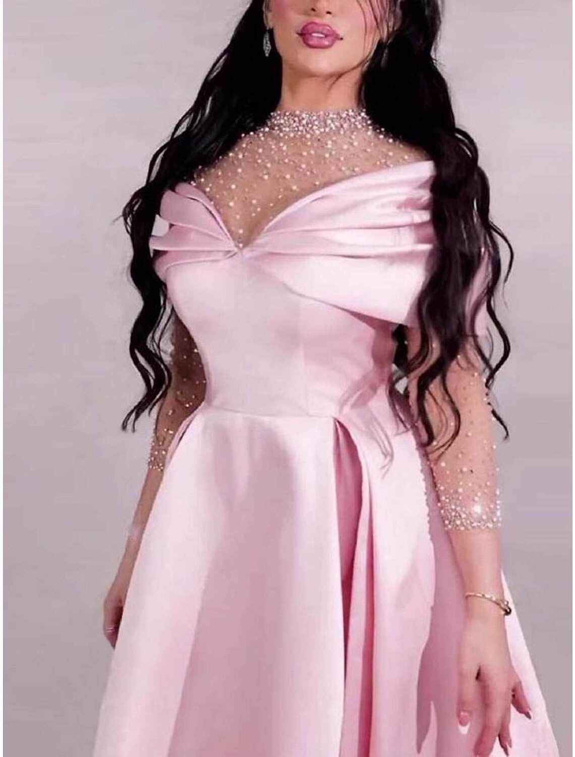 A-Line Evening Gown Elegant Dress Formal Prom Floor Length Short Sleeve Sweetheart Satin with Ruched Pearls
