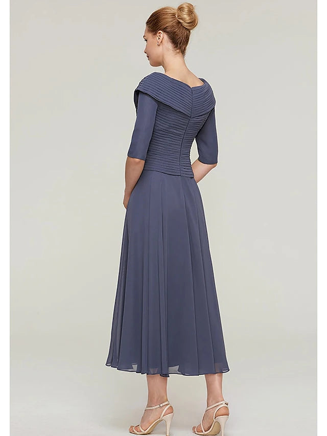 A-Line Mother of the Bride Dress Plus Size V Neck Ankle Length Chiffon Half Sleeve