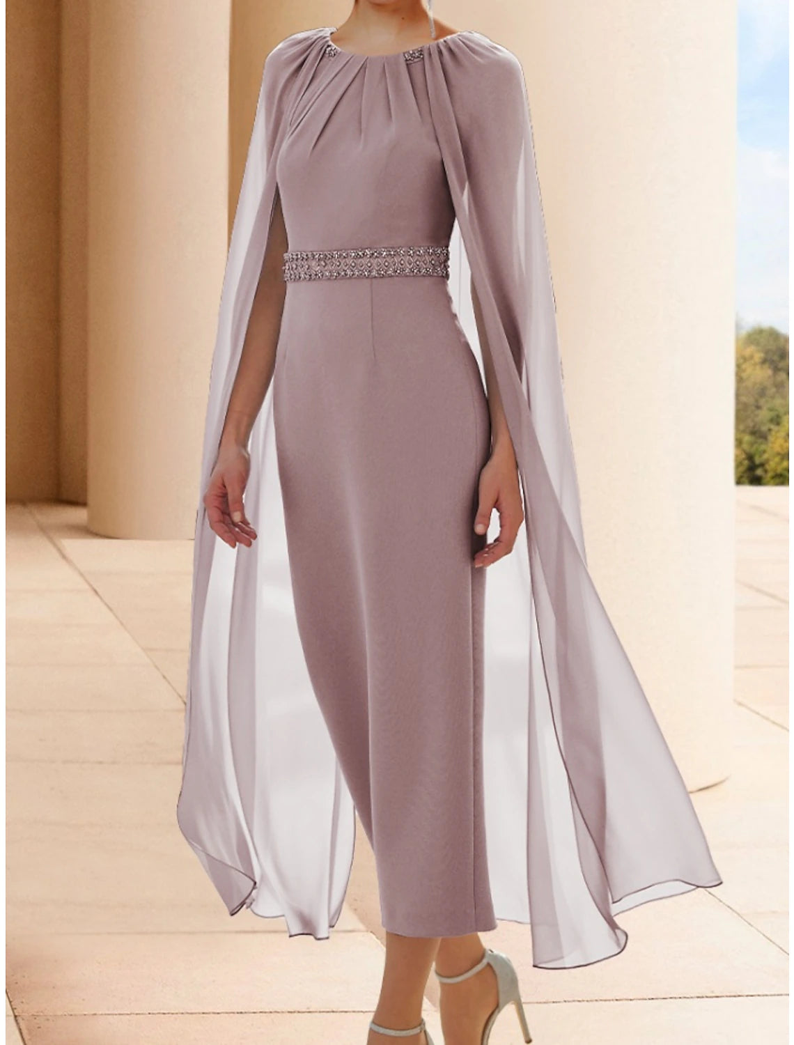 Sheath / Column Mother of the Bride Dress Wedding Guest Elegant Scoop Neck Ankle Length Chiffon Sleeveless with Beading