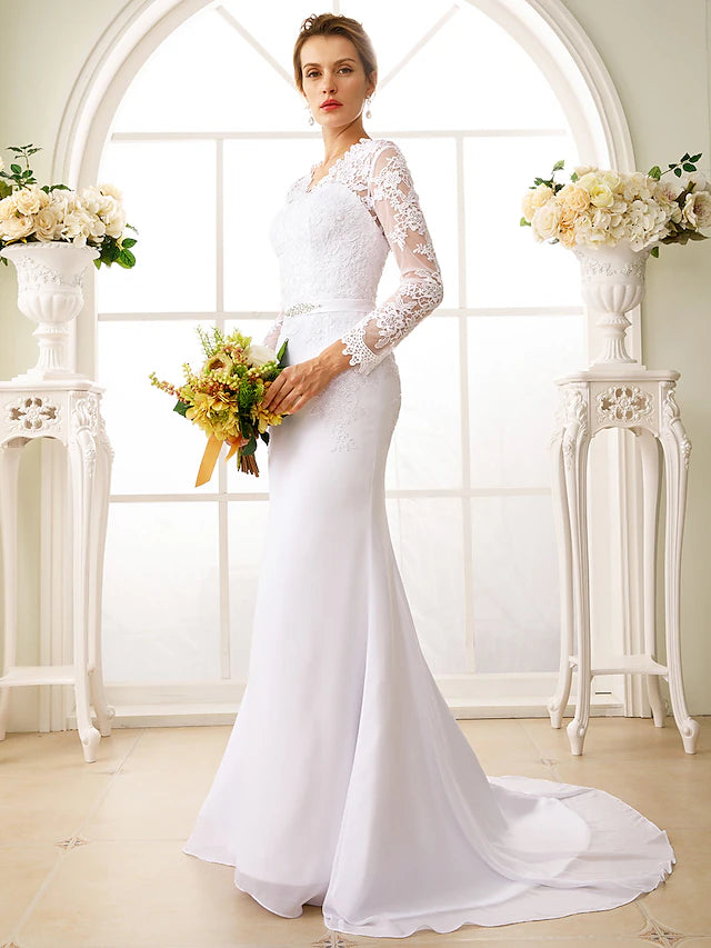 Engagement Open Back Formal Wedding Dresses Court Train Mermaid / Trumpet Long Sleeve Illusion Neck Chiffon With Sash