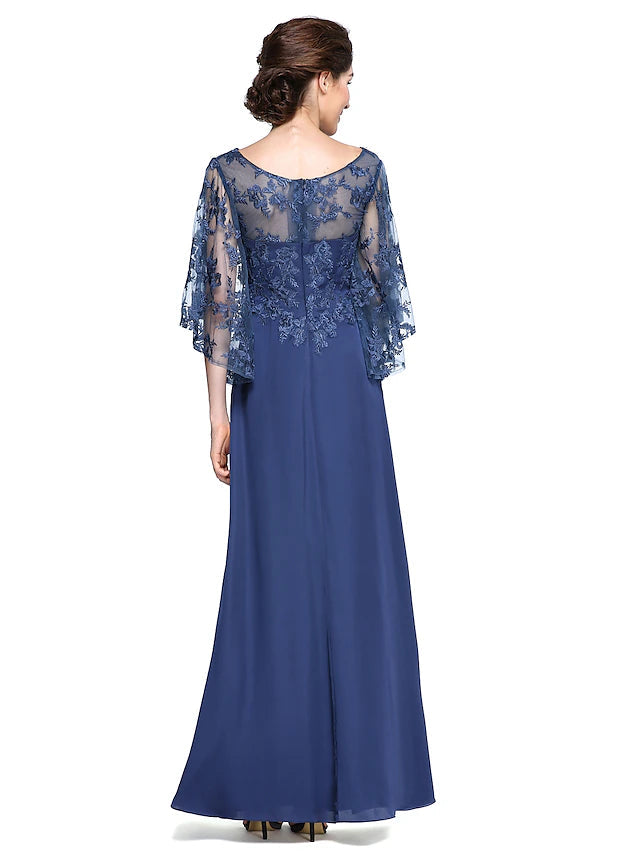 Sheath / Column Mother of the Bride Dress Elegant See Through Bateau Neck Ankle Length Chiffon Lace Half Sleeve