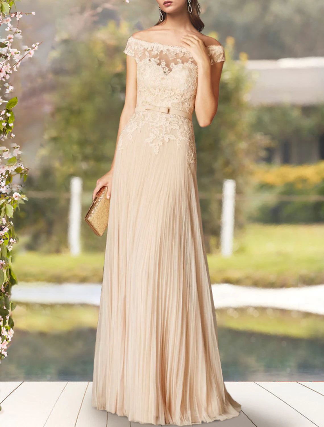 A-Line Mother of the Bride Dress Elegant Off Shoulder Floor Length Lace Tulle Short Sleeve with Bow(s) Pleats
