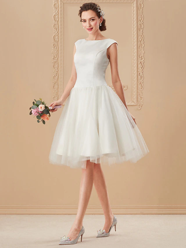 Beach Little White Dresses Wedding Dresses Knee Length A-Line Cap Sleeve Bateau Neck Satin