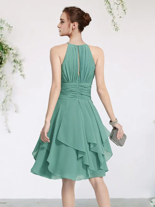 A-Line Bridesmaid Dress Jewel Neck Sleeveless Elegant Short / Mini Chiffon with Pleats / Cascading