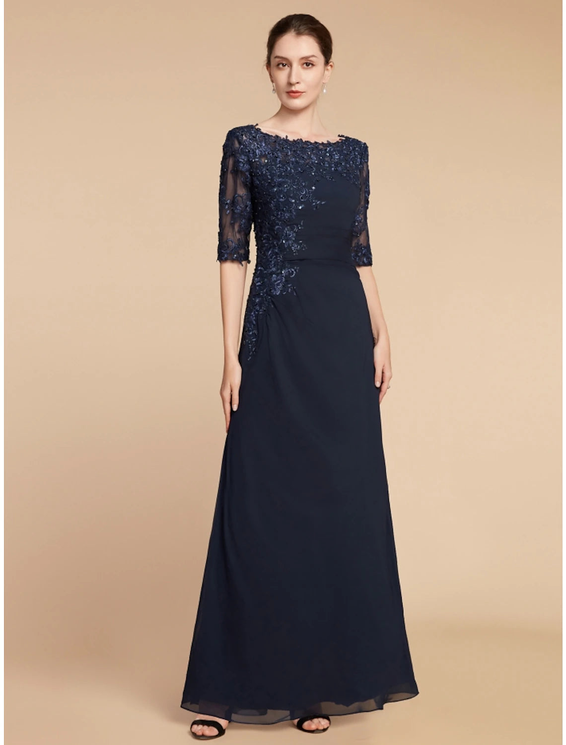 Sheath / Column Mother of the Bride Dress Wedding Guest Elegant Scoop Neck Ankle Length Chiffon Lace Half Sleeve with Sequin Ruching