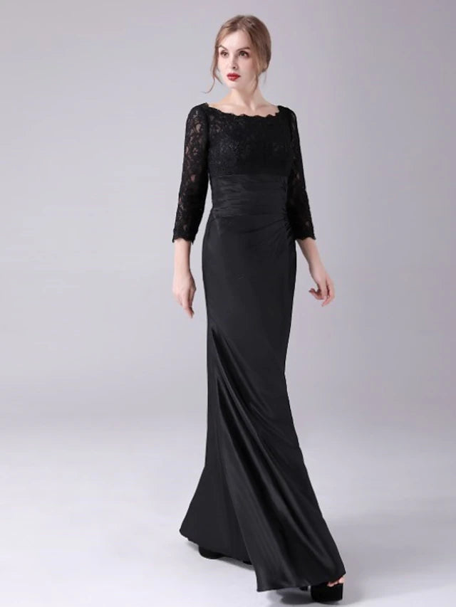 Mermaid / Trumpet Mother of the Bride Dress Plus Size Elegant Jewel Neck Floor Length Stretch Satin 3/4 Length Sleeve with Lace