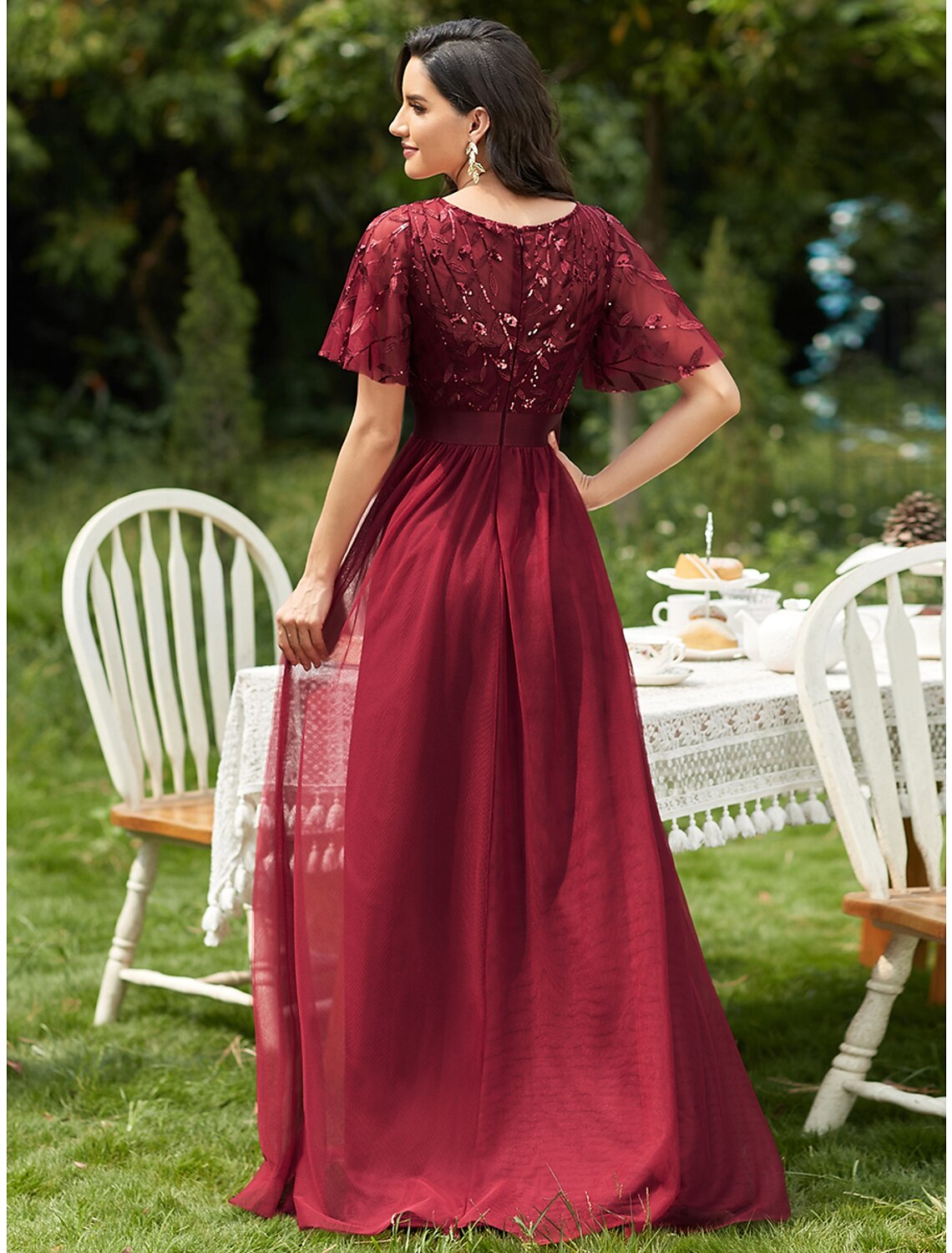 A-Line Prom Dresses Vintage Dress Prom Floor Length Short Sleeve Jewel Neck Tulle with Sequin Ruffles