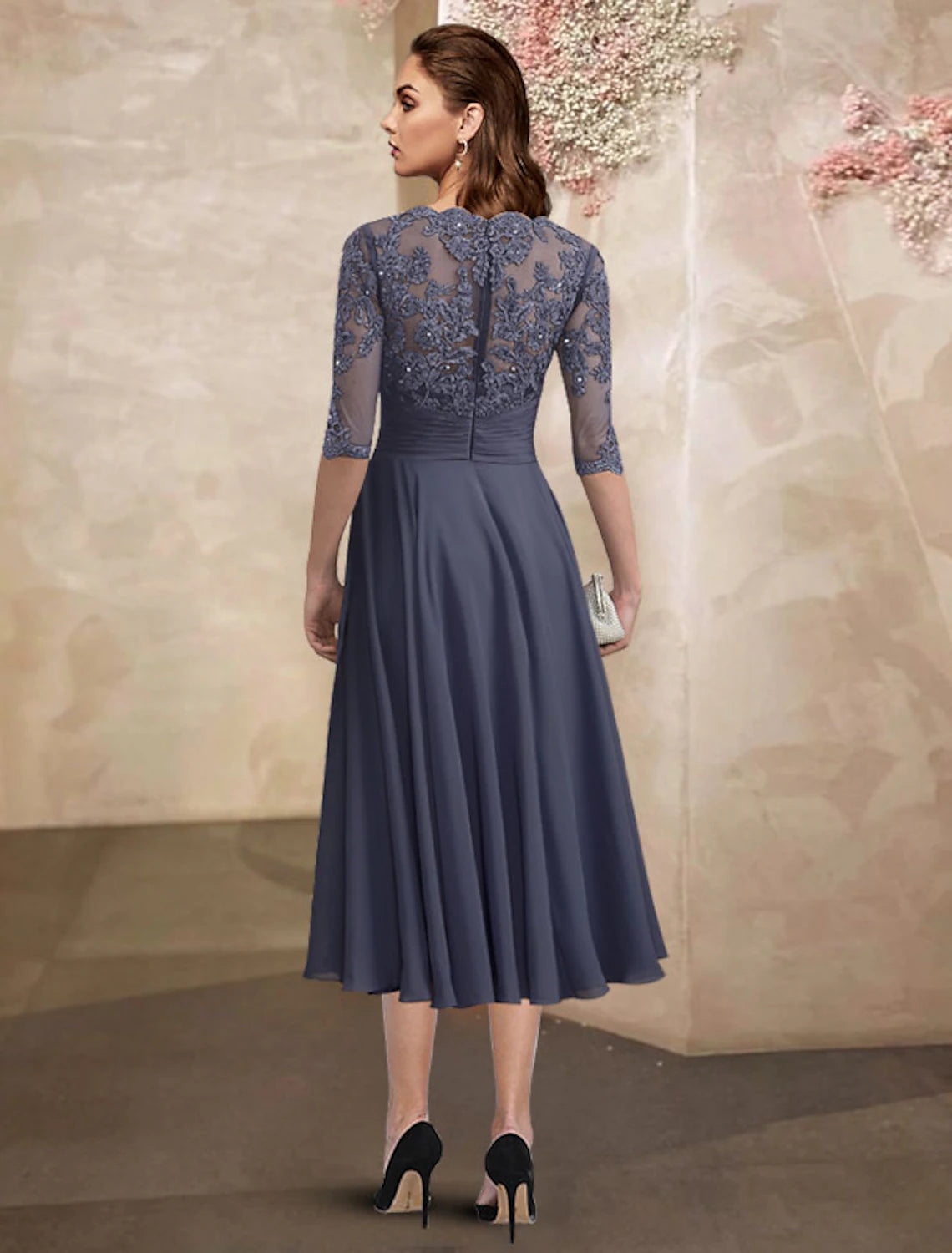 A-Line Mother of the Bride Dress Wedding Guest Plus Size Elegant Jewel Neck Tea Length Chiffon Lace Half Sleeve with Ruched Beading Appliques