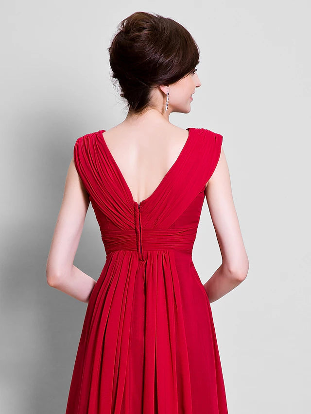 A-Line Mother of the Bride Dress Open Back V Neck Floor Length Chiffon Sleeveless with Beading Side