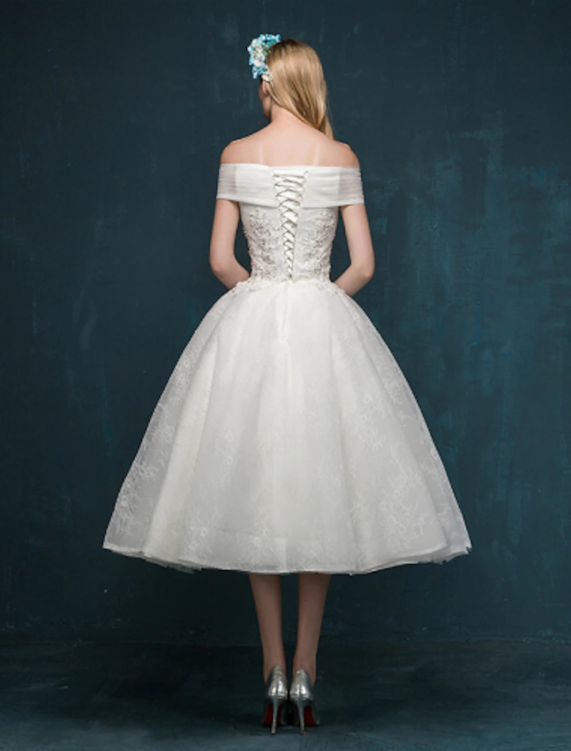 Reception Little White Dresses Wedding Dresses A-Line Off Shoulder Cap Sleeve Tea Length Lace Bridal Gowns With Beading