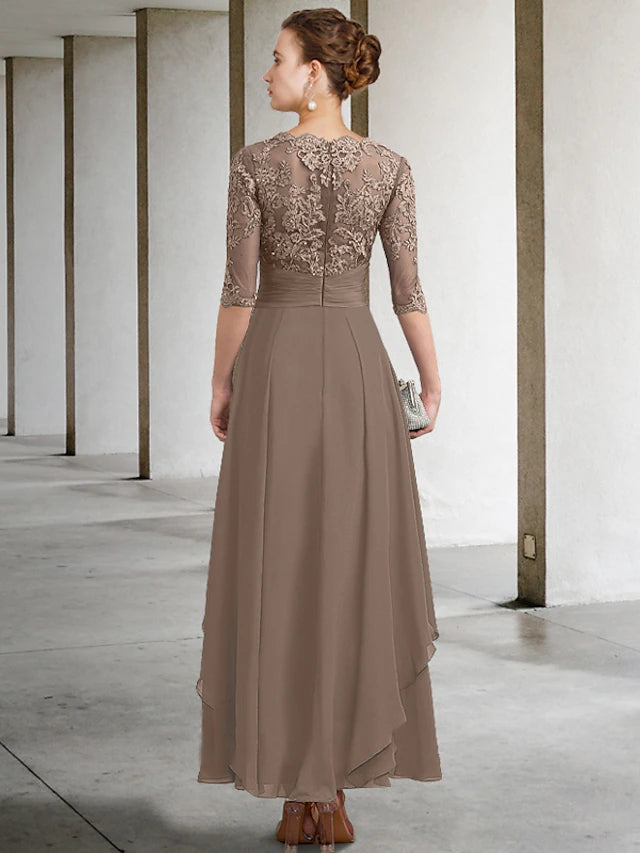 A-Line Mother of the Bride Dress Plus Size Elegant Jewel Neck Ankle Length Chiffon Lace Half Sleeve with Ruched Beading