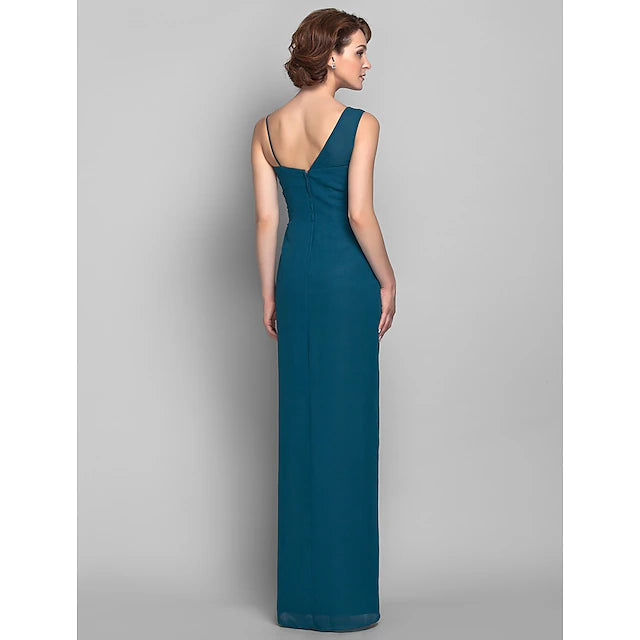 Sheath / Column Mother of the Bride Dress Furcal One Shoulder Floor Length Chiffon Sleeveless