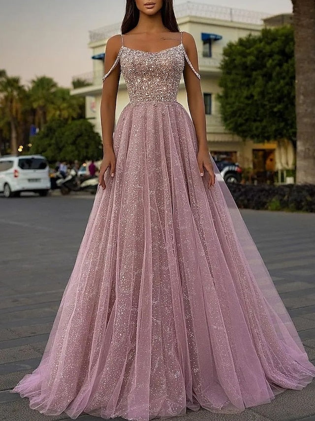 A-Line/Princess Spaghetti Straps Floor-Length Long Prom Dresses Sparkly