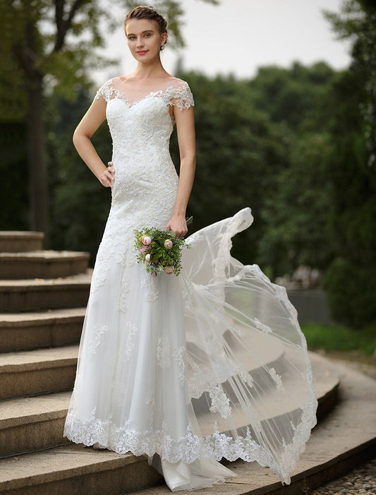 Beach Wedding Dresses Mermaid / Trumpet Illusion Neck Short Sleeve Sweep Train Satin Bridal Gowns With Appliques