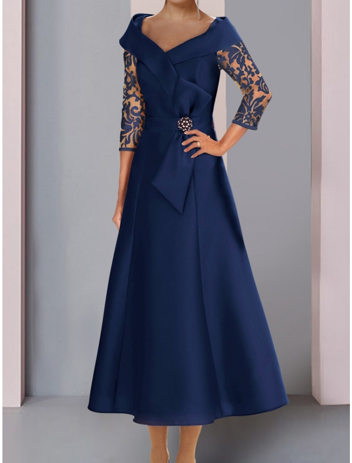 A-Line Mother of the Bride Dress Wedding Guest Elegant Petite V Neck Tea Length Satin Lace 3/4 Length Sleeve with Bow(s) Crystal