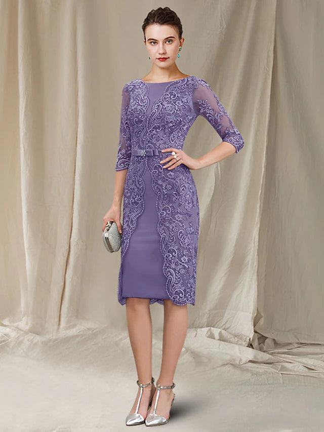 Sheath / Column Mother of the Bride Dress Elegant Bateau Neck Knee Length Chiffon Lace 3/4 Length Sleeve