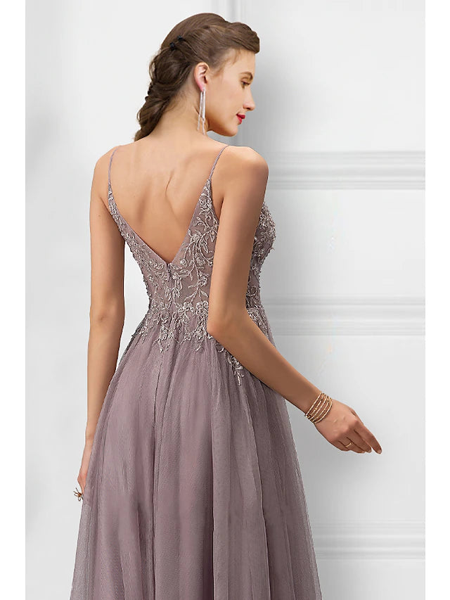 A-Line Prom Dresses Floral Dress Party Wear Floor Length Sleeveless Spaghetti Strap Tulle
