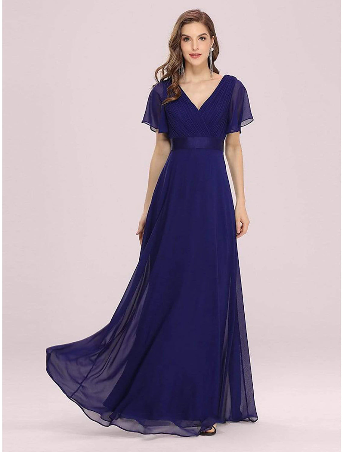 A-Line Evening Gown Empire Dress Wedding Guest Formal Evening Floor Length Short Sleeve V Neck Bridesmaid Dress Chiffon V Back