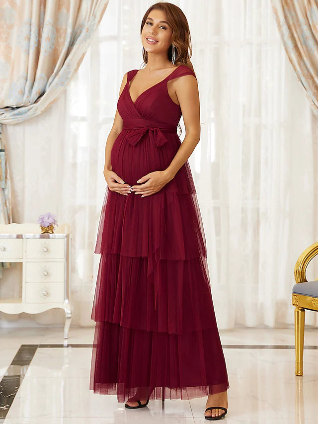 A-Line Maternity Cute Formal Evening Dress V Neck Sleeveless Floor Length Tulle with Tier
