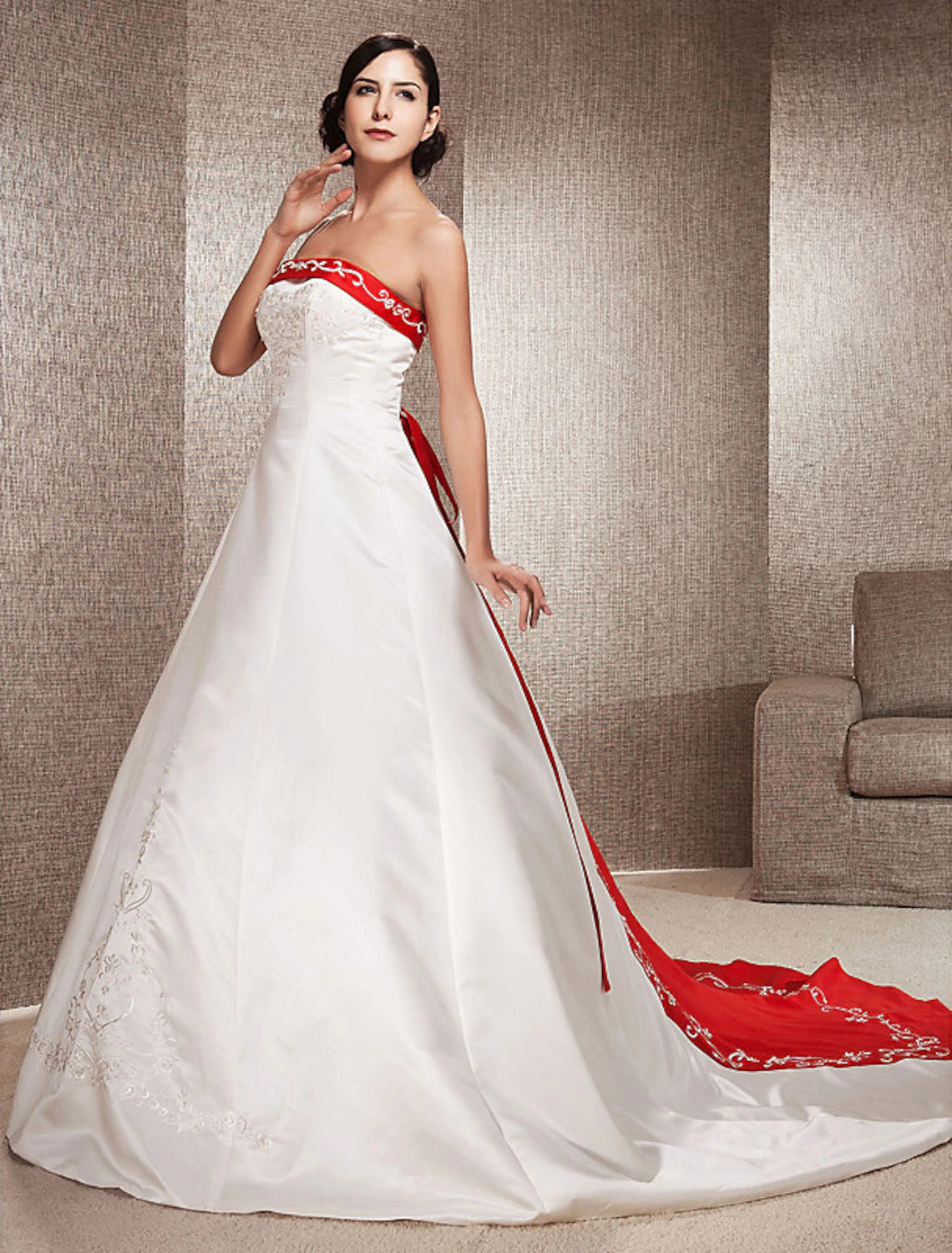 Open Back Wedding Dresses Sweep / Brush Train Ball Gown Strapless Strapless Satin With Embroidery