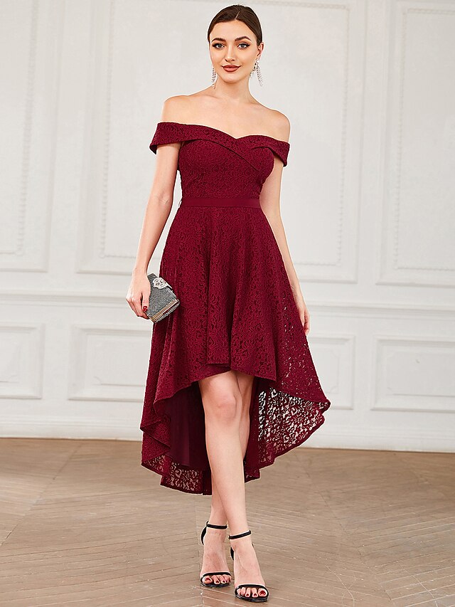 A-Line Homecoming Dresses Vintage Dress Homecoming Asymmetrical Sleeveless Off Shoulder Lace with Pleats
