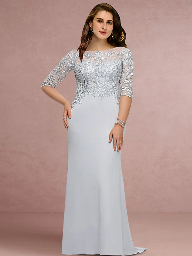 Plus Size Curve Mother of the Bride Dress Wedding Guest Vintage Elegant Scoop Neck Sweep / Brush Train Chiffon Lace Half Sleeve