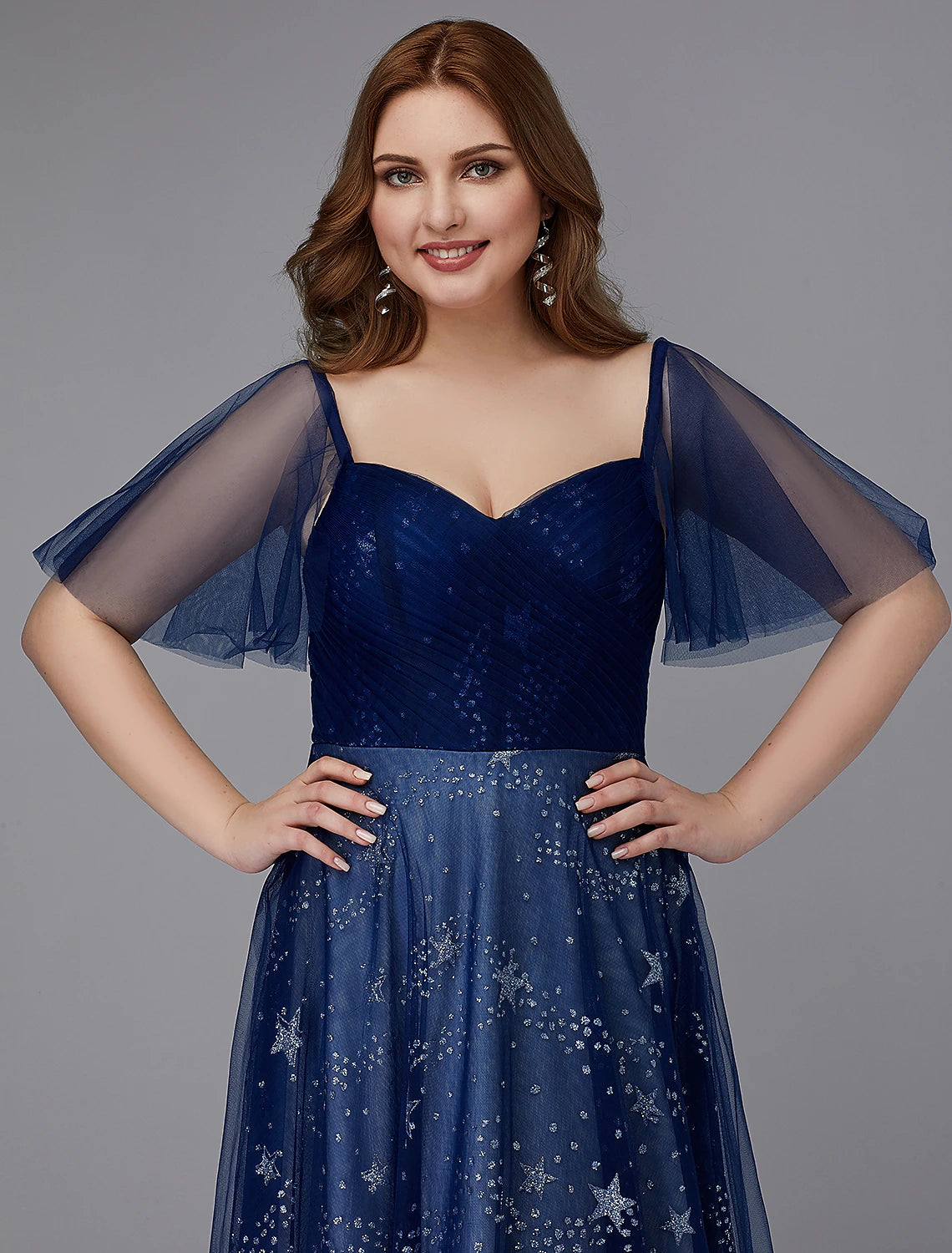 A-Line Plus Size Dress Wedding Guest Prom Floor Length Short Sleeve Sweetheart Tulle Lace-up with Beading Pattern