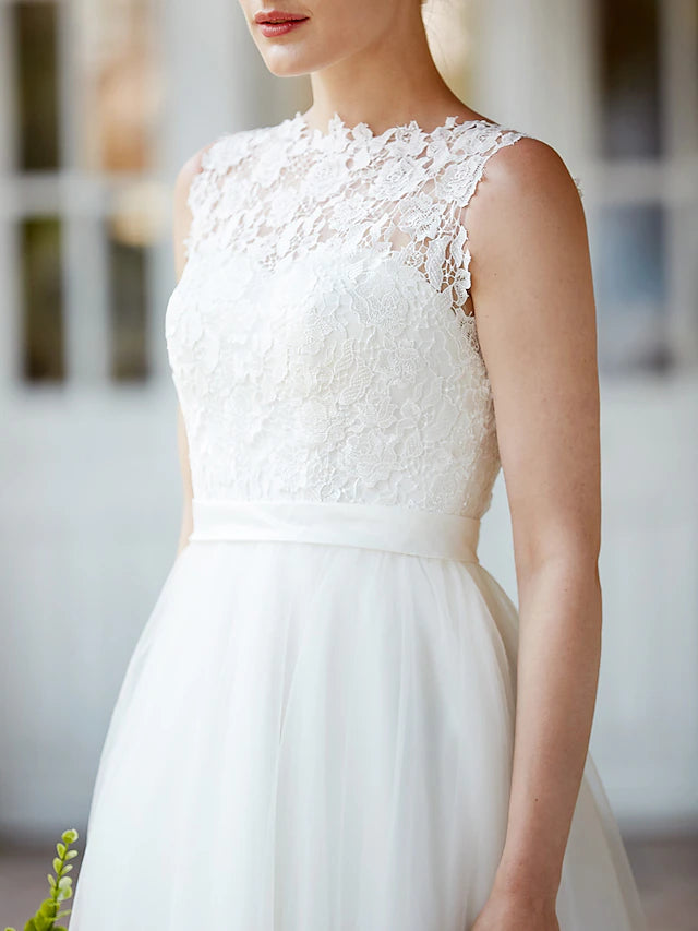 Little White Dresses Wedding Dresses Tea Length A-Line Sleeveless Illusion Neck Lace With Sashes / Ribbons