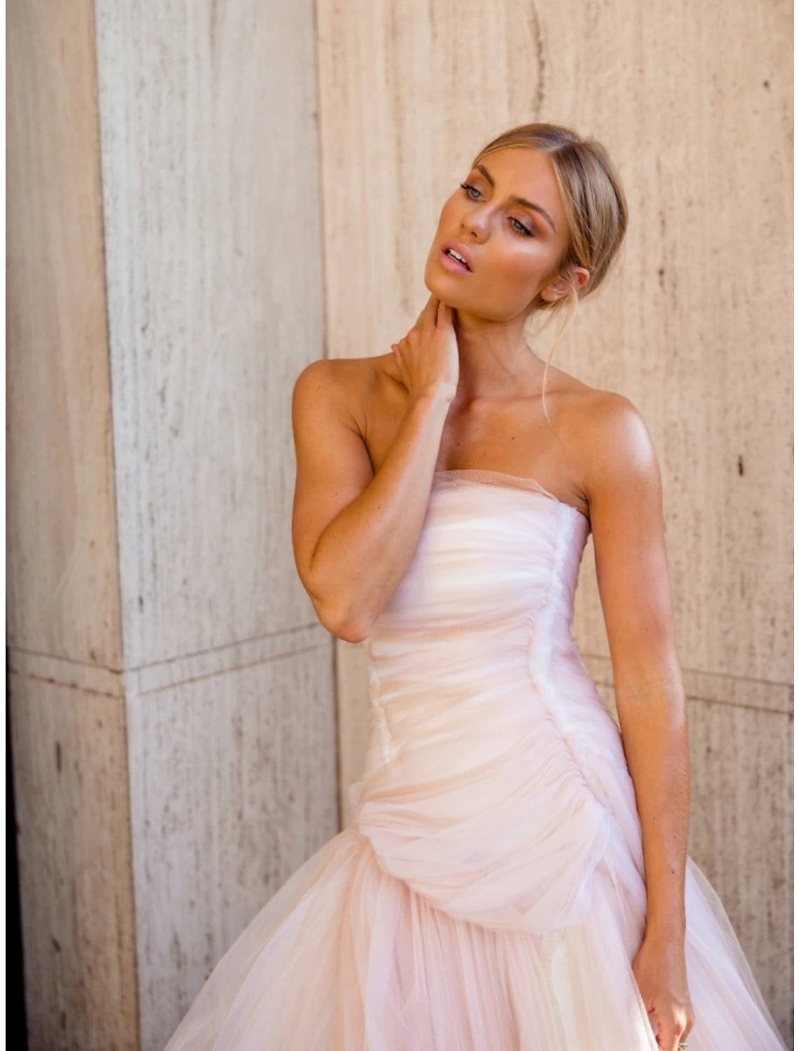 A-Line Evening Gown Elegant Dress Formal Court Train Sleeveless Strapless Tulle with Pleats