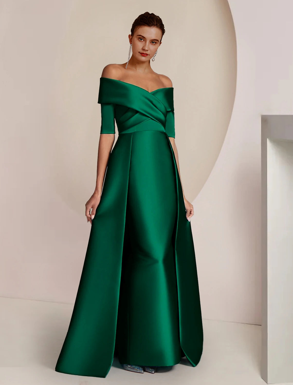 XIAOPINWU DRESS Sheath / Column Mother of the Bride Dress Formal Wedding Guest Party Elegant Off Shoulder Floor Length Satin Half Sleeve